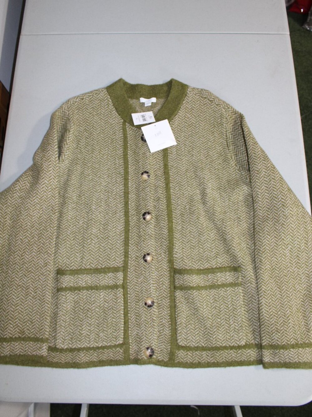 NWT J.Jill Olive Green & Cream Wool Blend Chevron Patch Pocket Cardigan Sweater